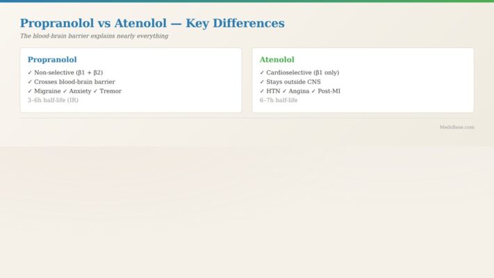 Propranolol vs atenolol comparison card key differences in selectivity brain penetration and approved uses