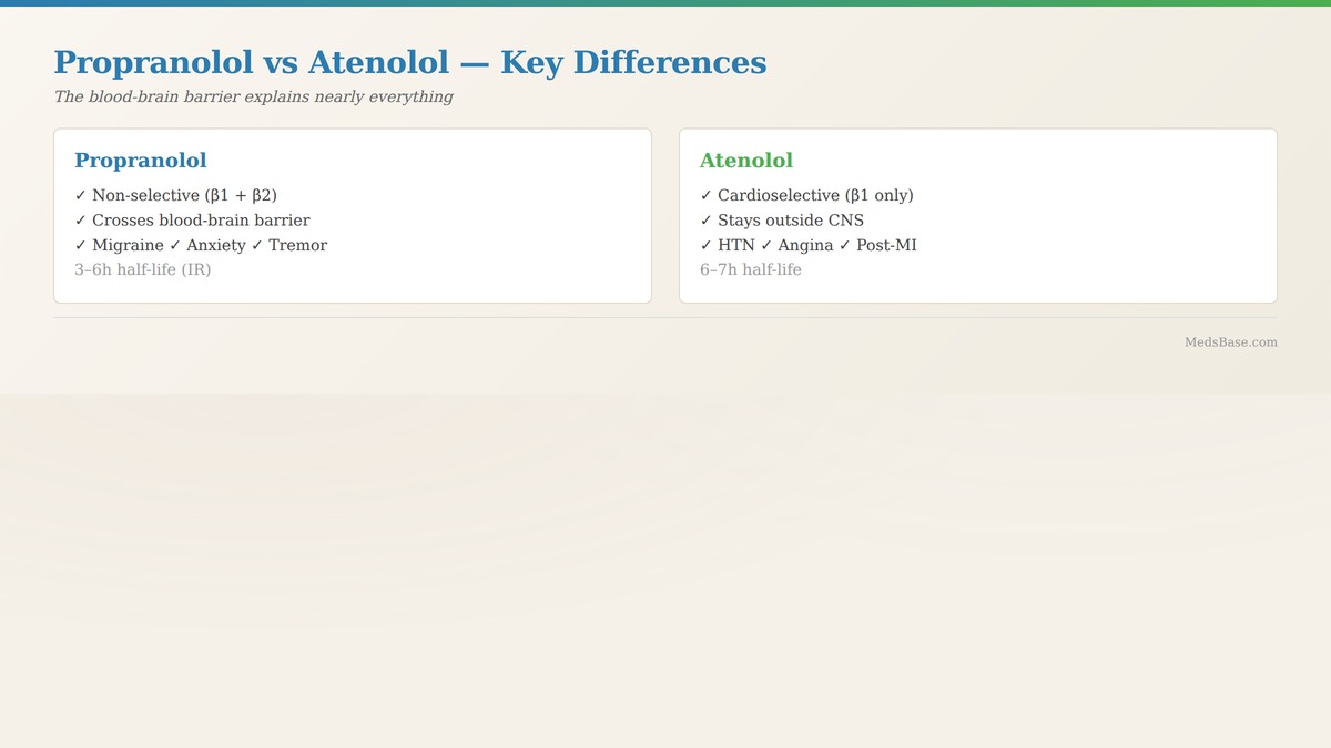 Propranolol vs atenolol comparison card key differences in selectivity brain penetration and approved uses