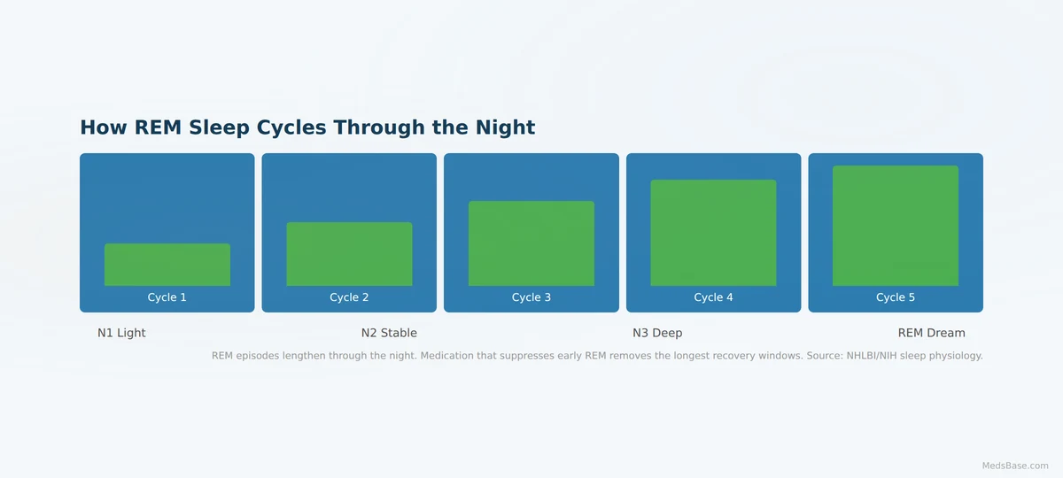 Sleep cycle diagram showing REM sleep stages throughout the night with medication suppression zones