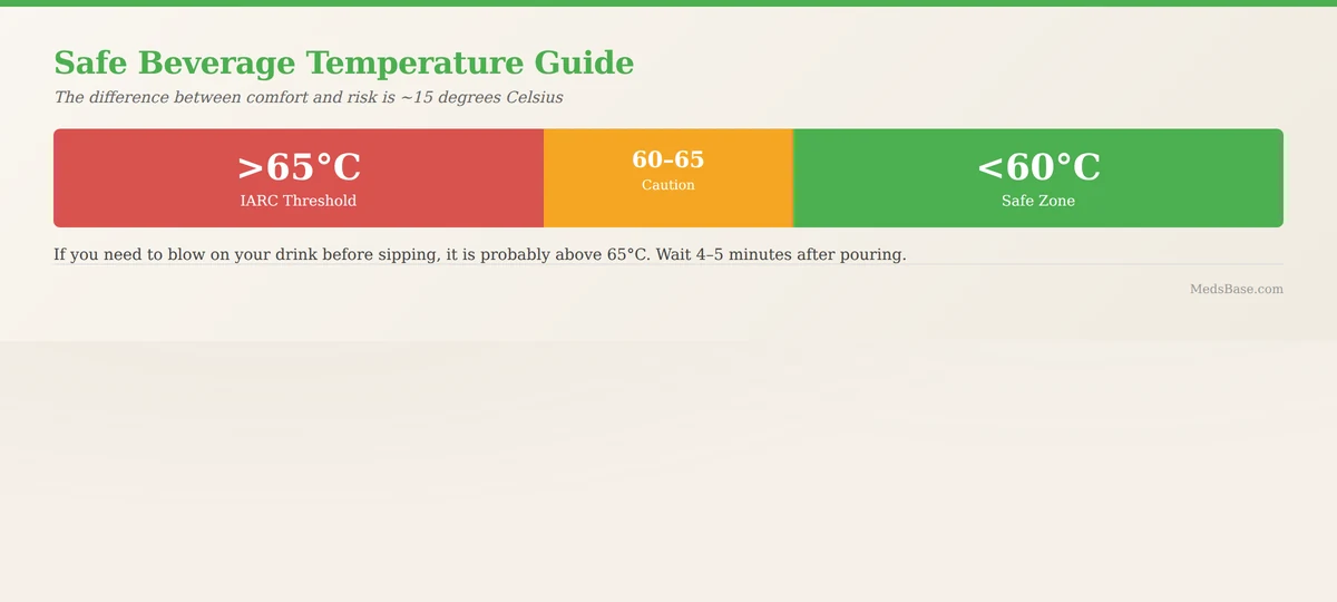 Hot drinks safe temperature guide 65C threshold visual with color-coded risk zones
