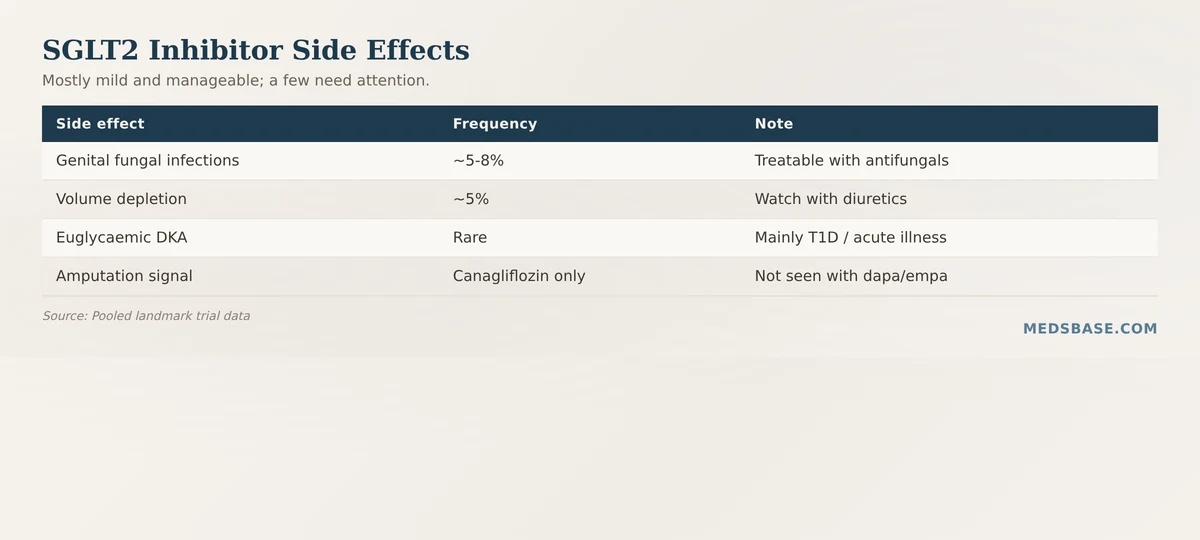 SGLT2 inhibitors for heart failure side effects — infections, volume depletion, DKA risk