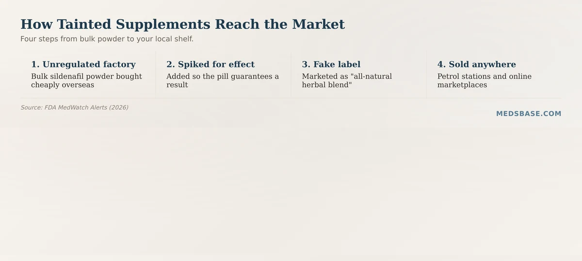 How sildenafil in supplements enters the market — four-step supply chain from unregulated factory to store shelf
