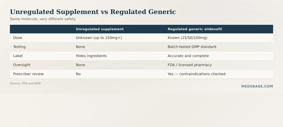 Sildenafil in supplements (unregulated) compared with regulated generic sildenafil