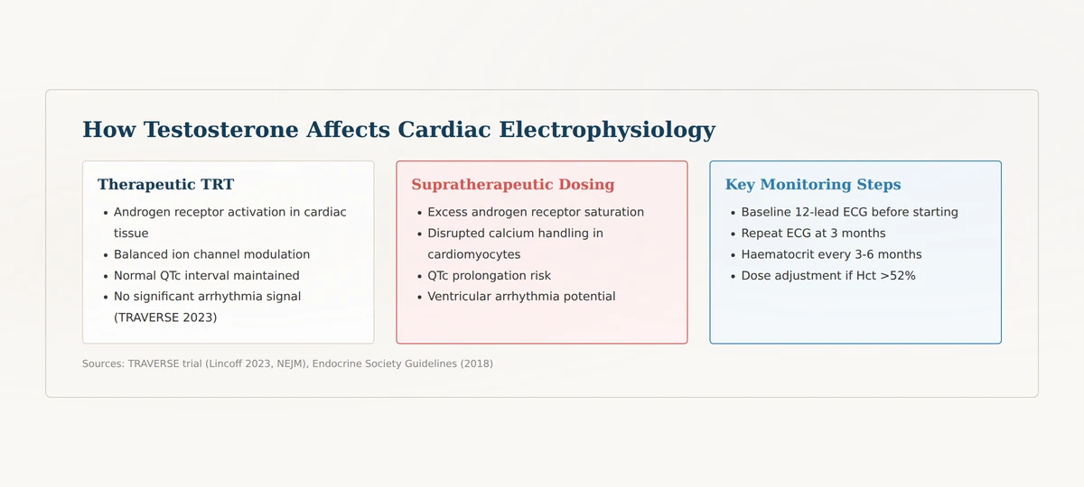 How testosterone affects cardiac tissue and heart rhythm — mechanism diagram