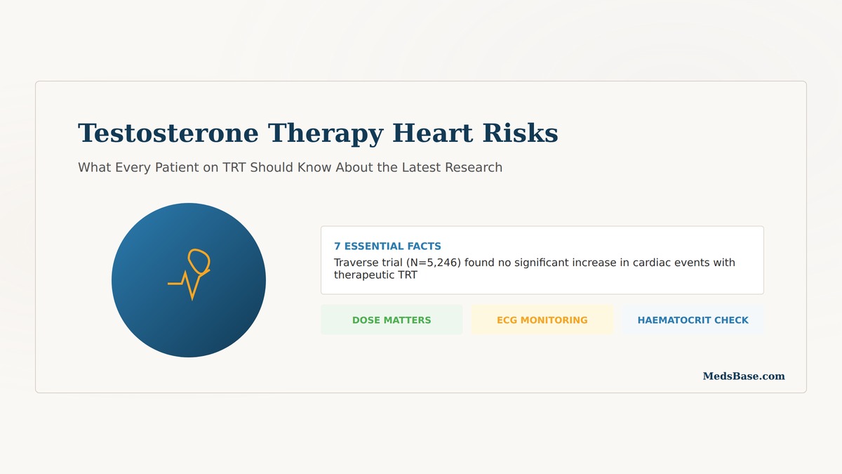 Testosterone therapy heart risks ECG waveform with heart symbol highlighting cardiac monitoring on TRT