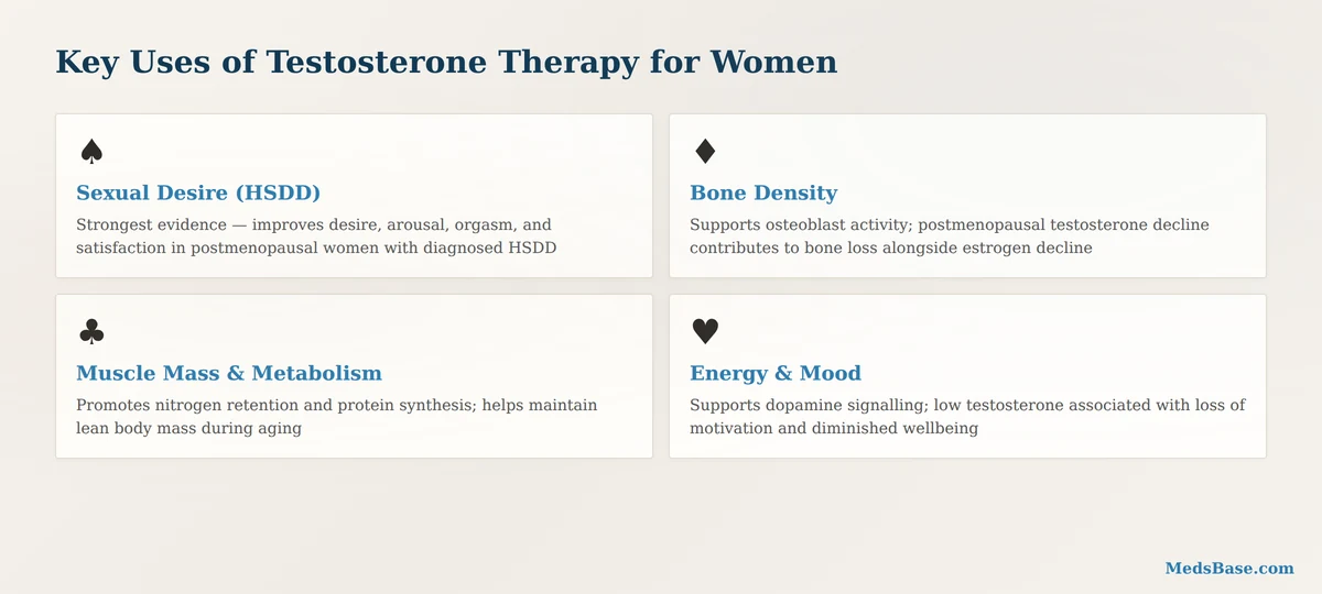 Key uses of testosterone therapy for women — sexual desire, bone density, muscle mass, energy