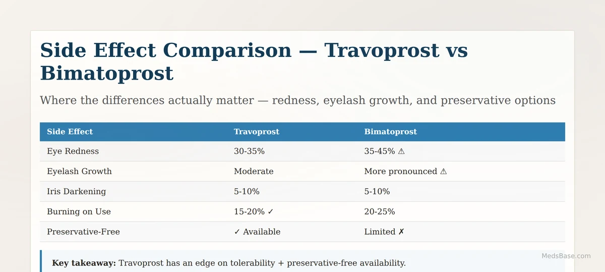 Side effect comparison table for travoprost vs bimatoprost eye drops