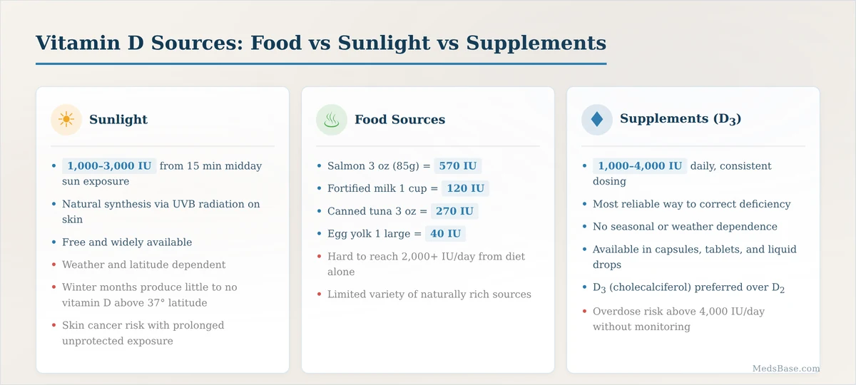 Vitamin D food sources vs sunlight vs supplements — comparison for brain health
