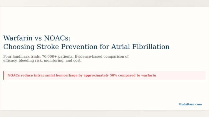 Warfarin vs NOACs comparison infographic showing key differences in monitoring diet bleeding risk and stroke prevention