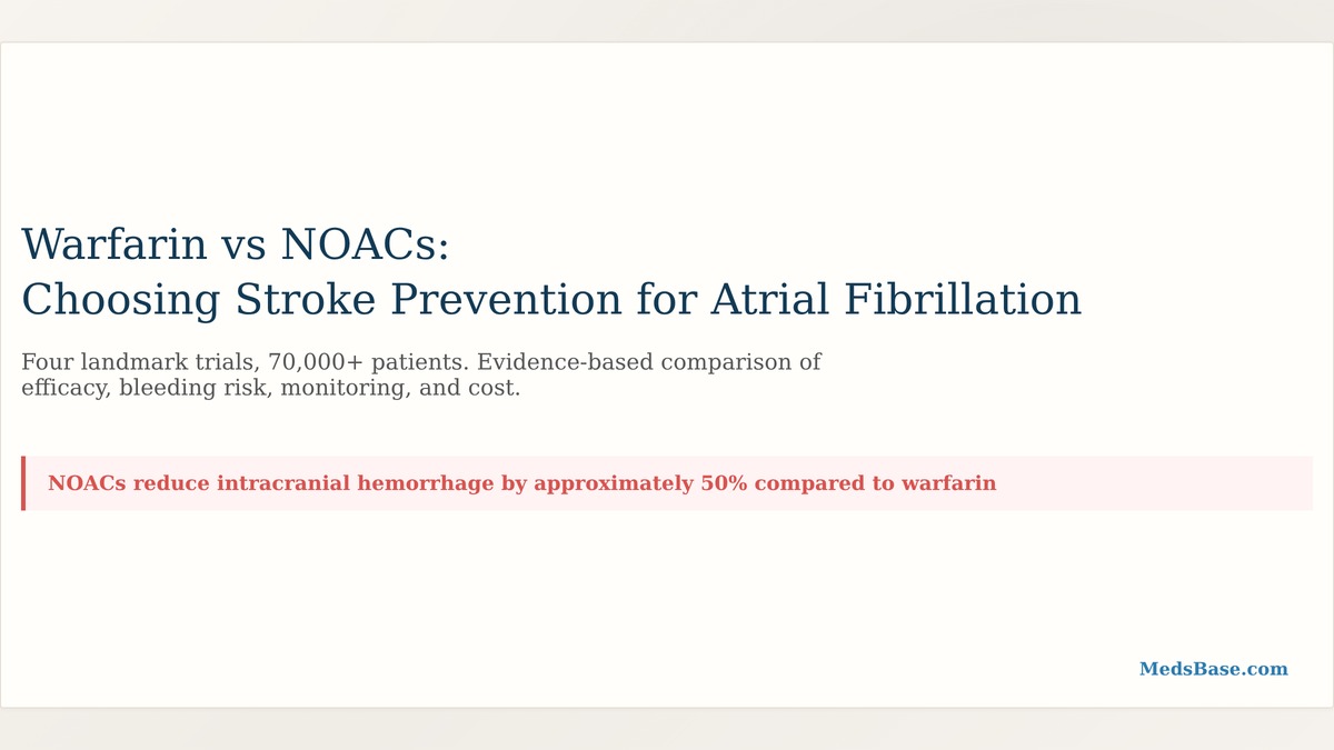 Warfarin vs NOACs comparison infographic showing key differences in monitoring diet bleeding risk and stroke prevention