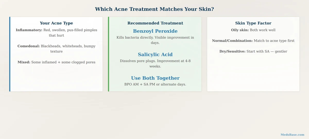 Skin type decision guide for choosing benzoyl peroxide or salicylic acid for acne