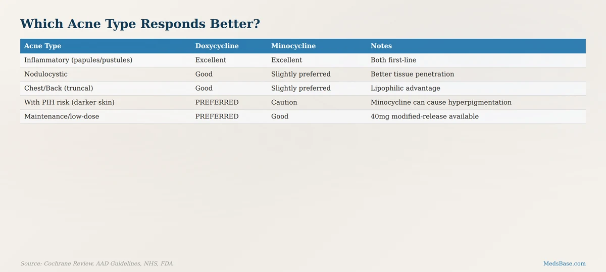 Acne type suitability matrix showing which type of acne responds better to doxycycline vs minocycline