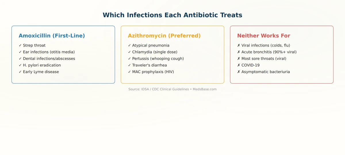 which infections treated by amoxicillin vs azithromycin strep throat pneumonia chlamydia