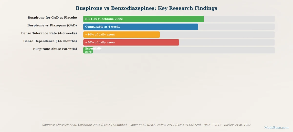 Buspirone vs benzodiazepines anxiety treatment efficacy bar chart