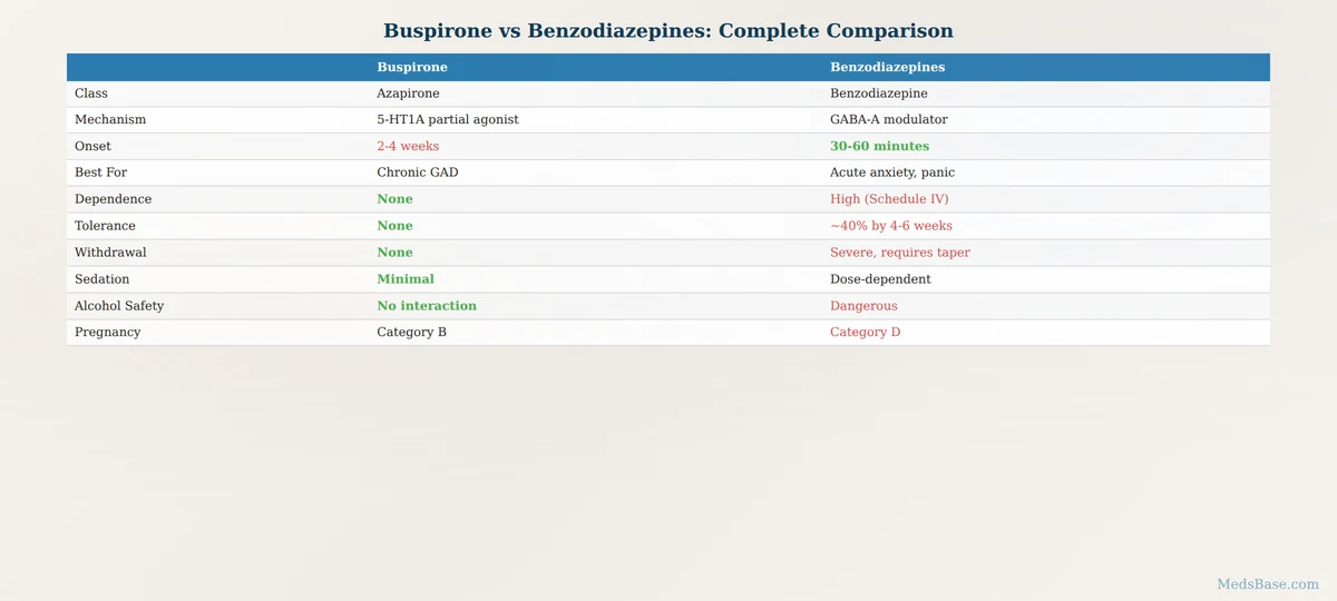 Buspirone vs benzodiazepines comparison table onset efficacy dependence withdrawal