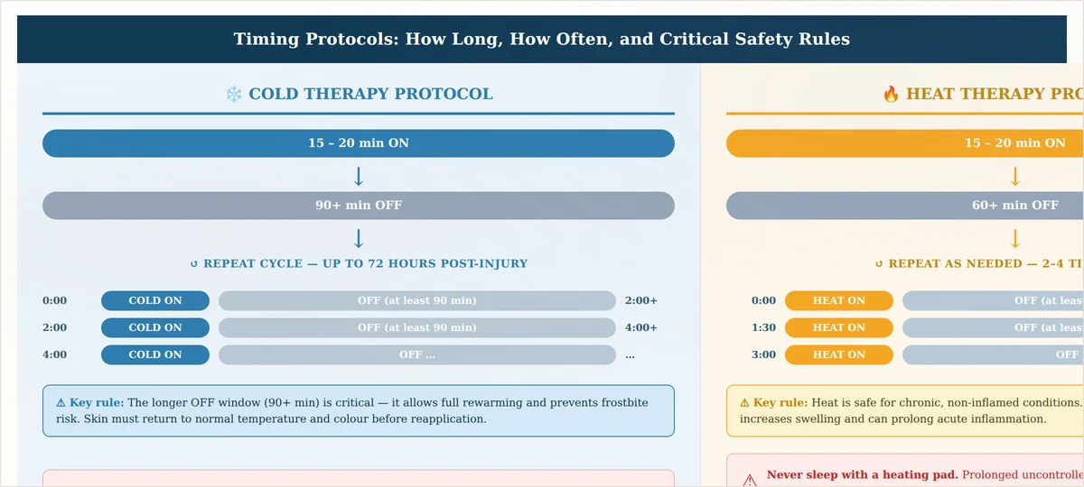 Safe timing protocols for cold therapy vs heat therapy — how long and how often to apply each