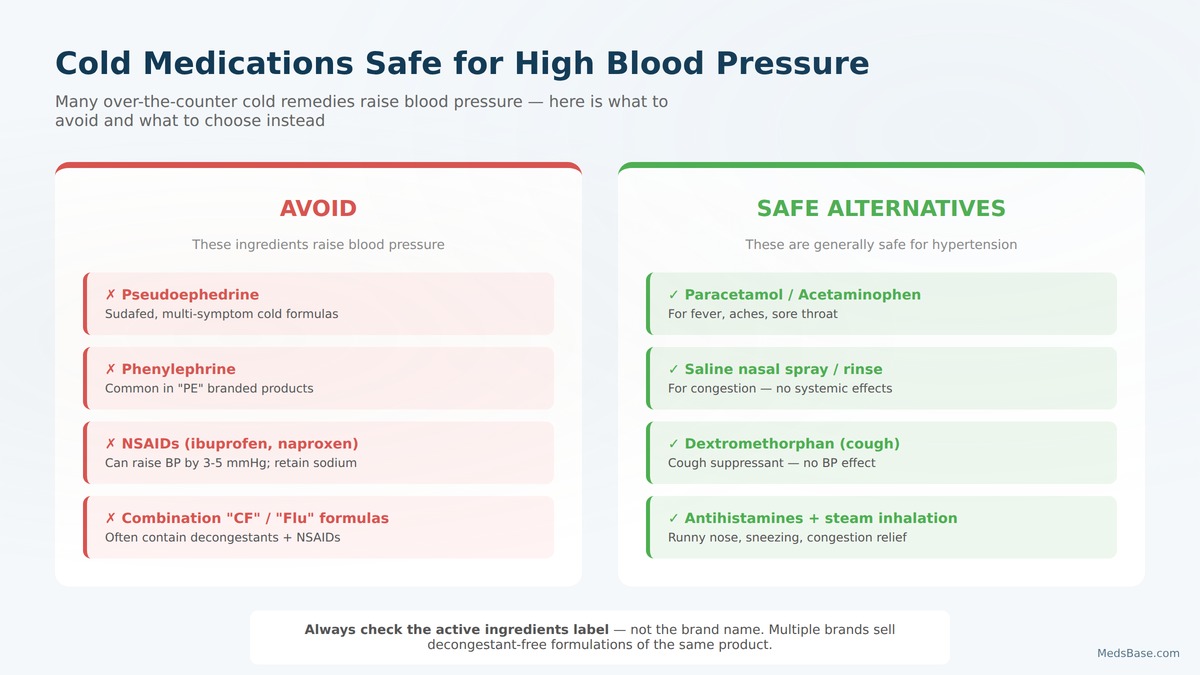 Pharmacy aisle split view showing cold medications to avoid on the left and safe alternatives on the right for people with high blood pressure