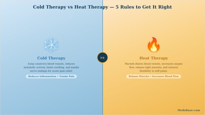 Cold therapy vs heat therapy comparison guide — ice reduces inflammation while heat relaxes muscles