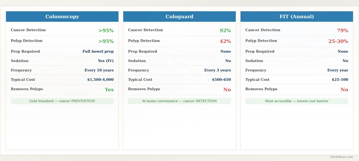 Colonoscopy vs Cologuard vs FIT test accuracy cost comparison chart screening options 2026