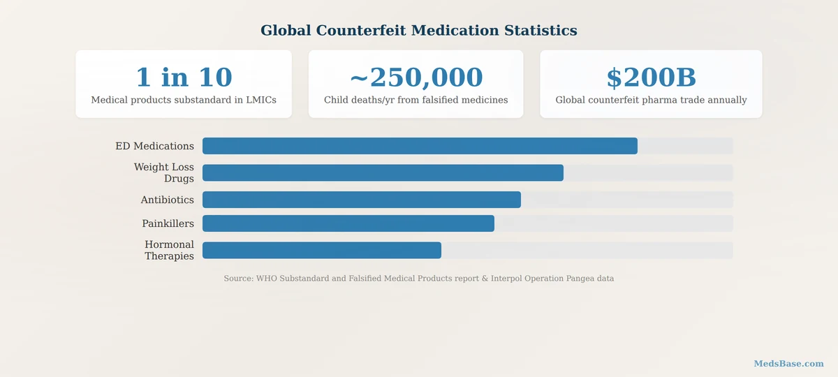 Statistics on counterfeit medications worldwide showing seizure rates by region