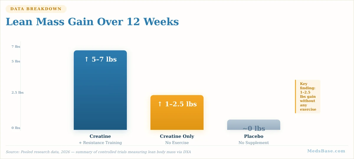 Lean mass gain comparison — creatine with exercise vs creatine only vs placebo over 12 weeks