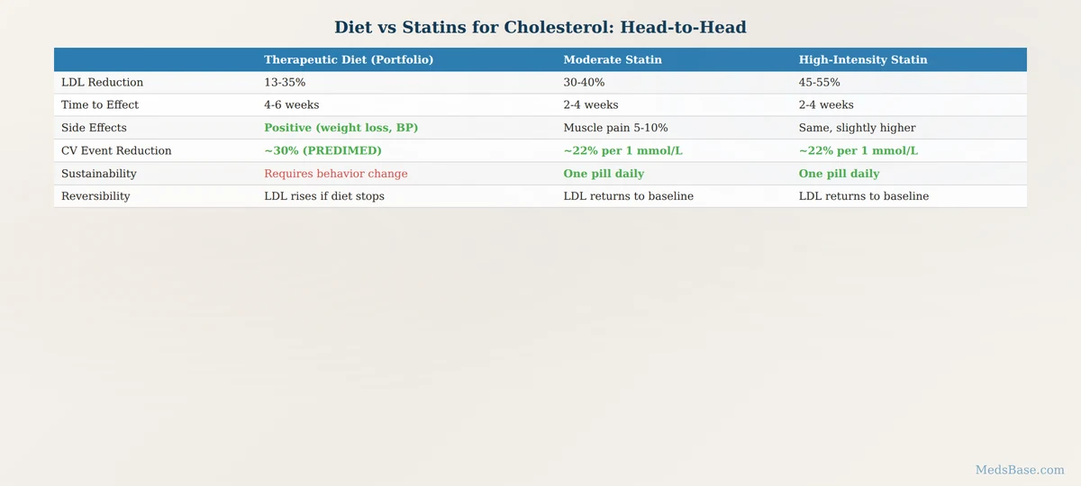 Diet vs statins for cholesterol LDL reduction side effects cost comparison