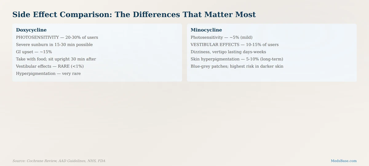 Side effects comparison table showing doxycycline photosensitivity and minocycline dizziness risks for acne treatment