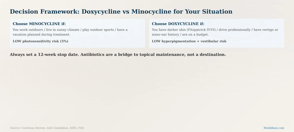Decision framework to help choose between doxycycline vs minocycline for acne based on lifestyle and skin type