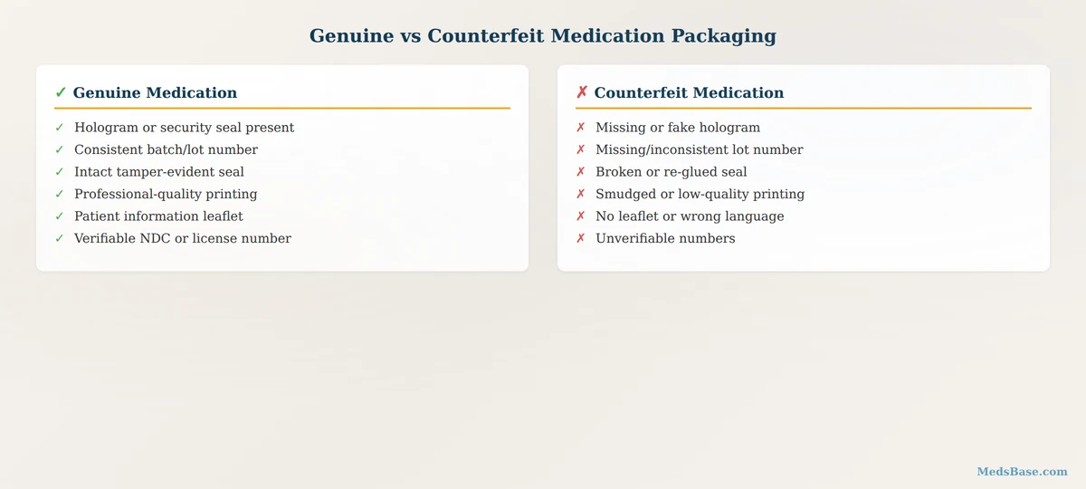 Genuine medication vs counterfeit packaging comparison checklist