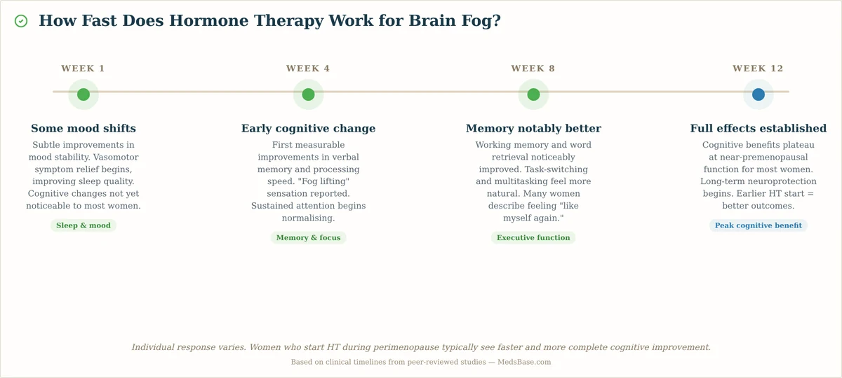 Timeline showing how fast hormone therapy improves menopause brain fog from week 1 to week 12