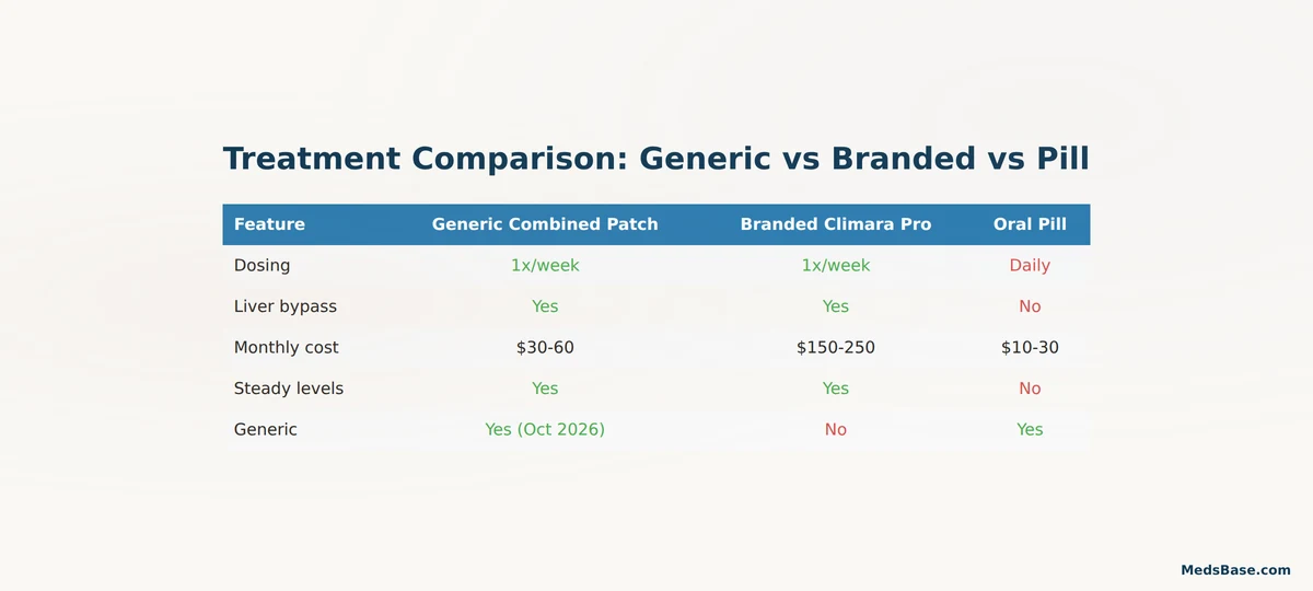 generic hormone patch vs branded patch vs daily estrogen pill comparison cost safety dosing
