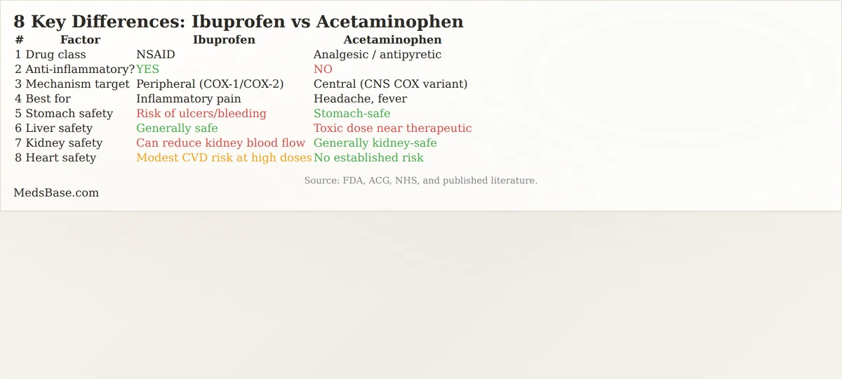 8 key differences ibuprofen vs acetaminophen safety effectiveness comparison table