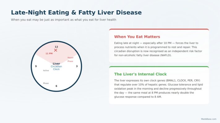 Clock illustration showing liver circadian rhythm disruption — late-night eating and fatty liver disease connection