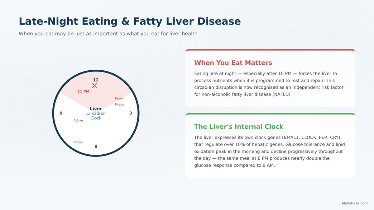 Clock illustration showing liver circadian rhythm disruption — late-night eating and fatty liver disease connection