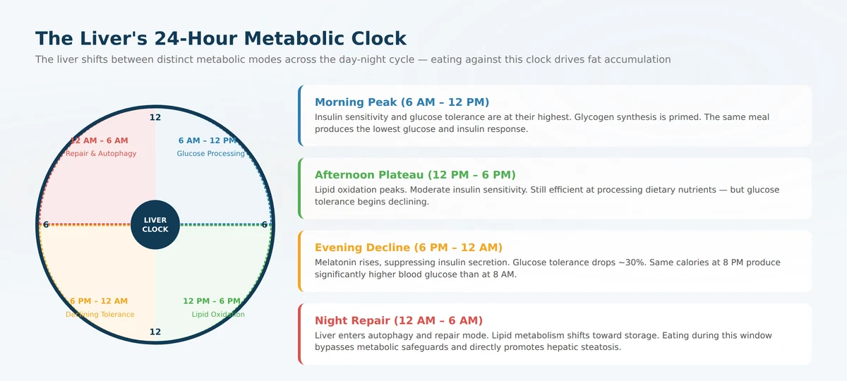24-hour liver metabolic clock wheel showing phases of liver function across the day-night cycle