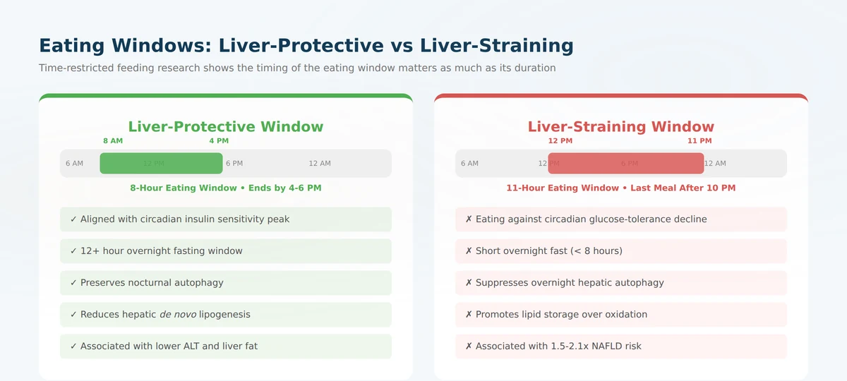 Comparison of eating windows — liver-protective early time-restricted feeding vs liver-straining late eating pattern
