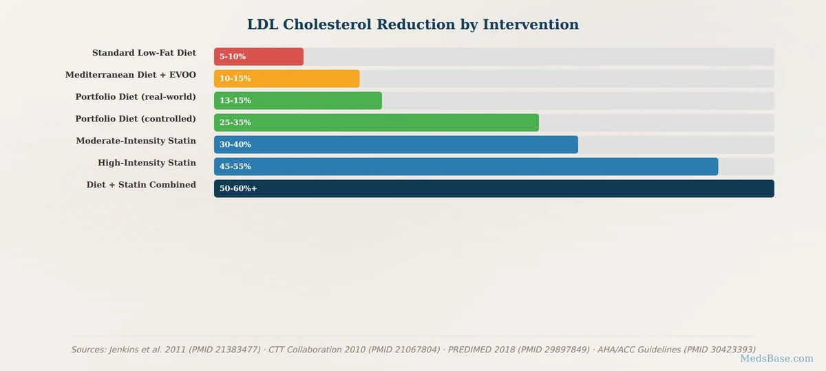 LDL cholesterol reduction comparison diet vs statins bar chart