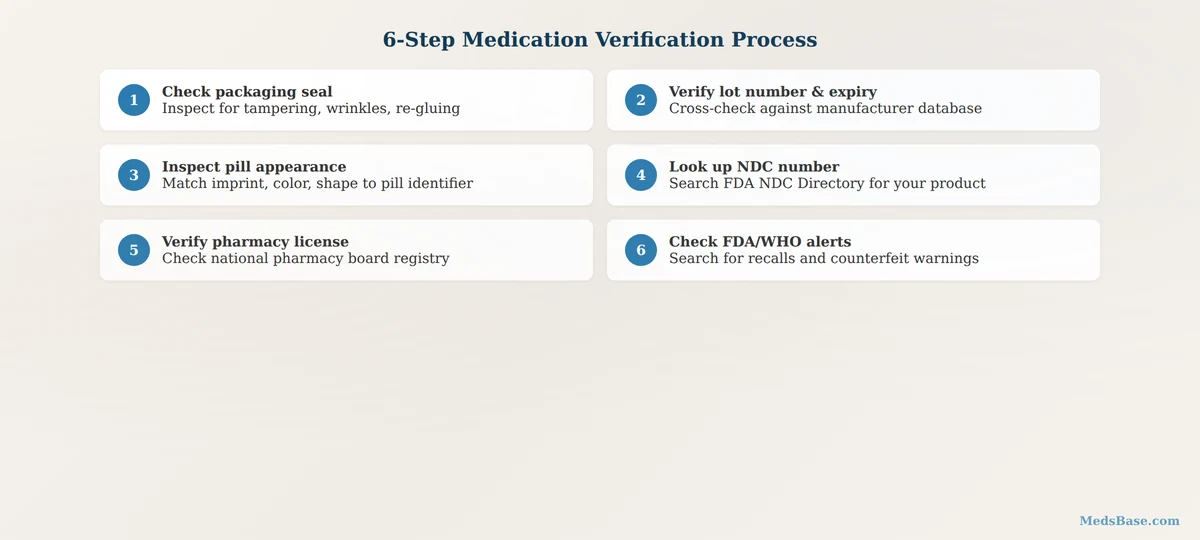 Six step medication verification process to identify counterfeit medications