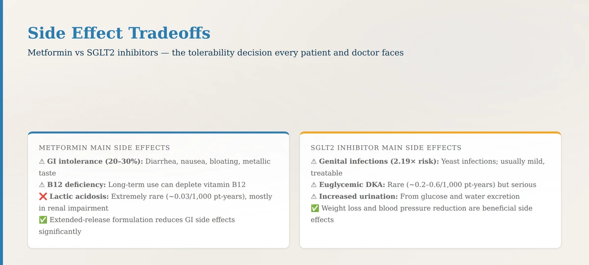 Metformin GI side effects vs SGLT2 inhibitors genital infection risk comparison