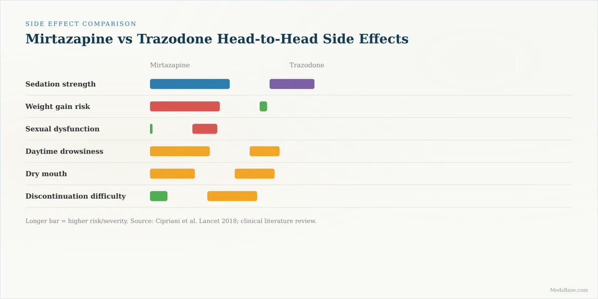 Mirtazapine vs trazodone side effects comparison — sedation, weight gain, sexual dysfunction risk bars