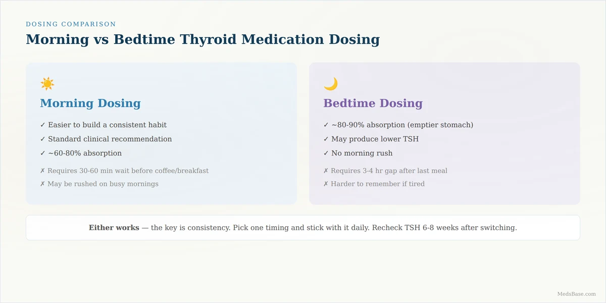Morning vs bedtime thyroid medication dosing comparison — both work if done consistently