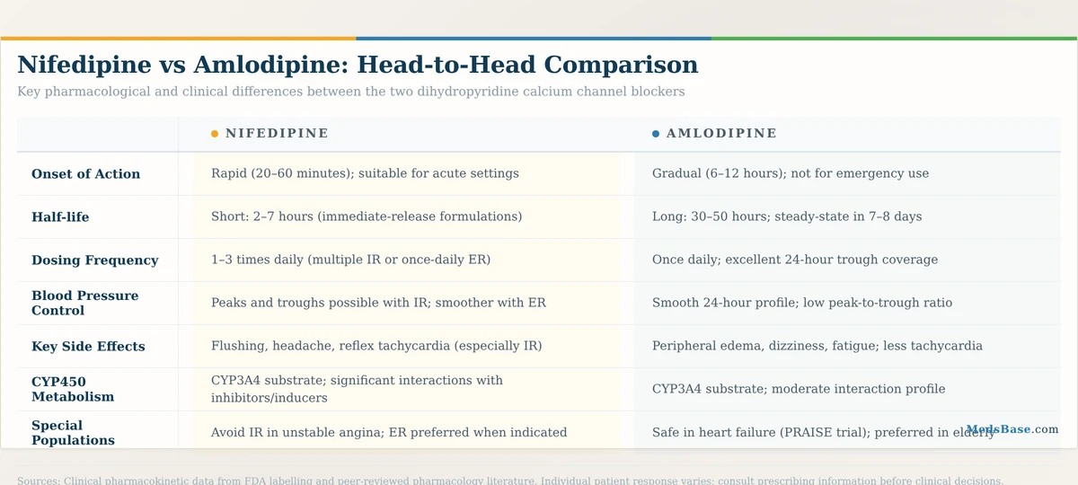 Nifedipine vs amlodipine head-to-head comparison — onset, half-life, dosing, side effects