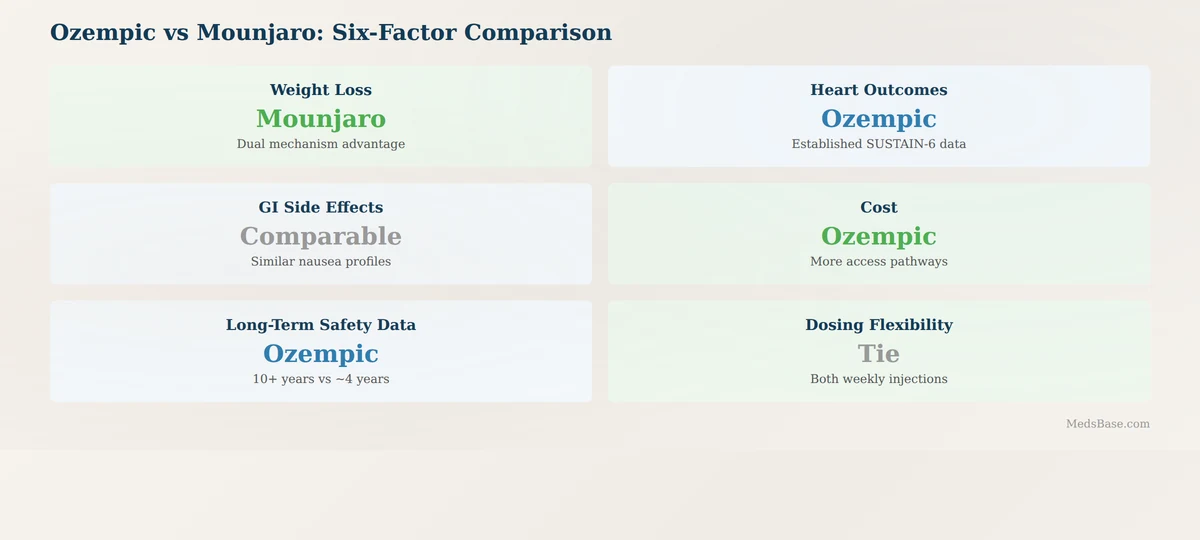 Ozempic vs Mounjaro six factor comparison weight loss heart outcomes side effects