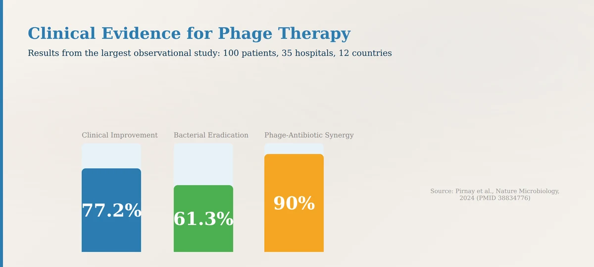 Bacteriophage therapy clinical outcomes — 77.2% improvement in 100-patient study