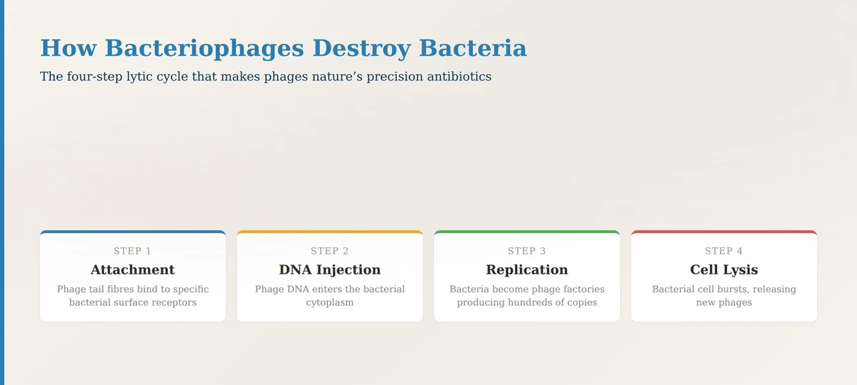 How bacteriophage therapy works — four-step lytic cycle for antibiotic-resistant bacteria