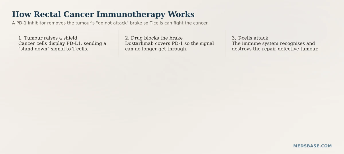 how rectal cancer immunotherapy PD-1 inhibitor unblocks immune system mechanism