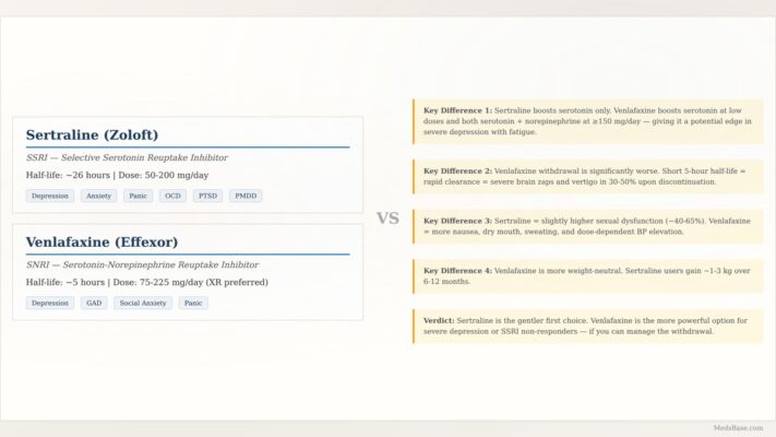 Sertraline vs venlafaxine comparison SSRI versus SNRI key differences chart antidepressant