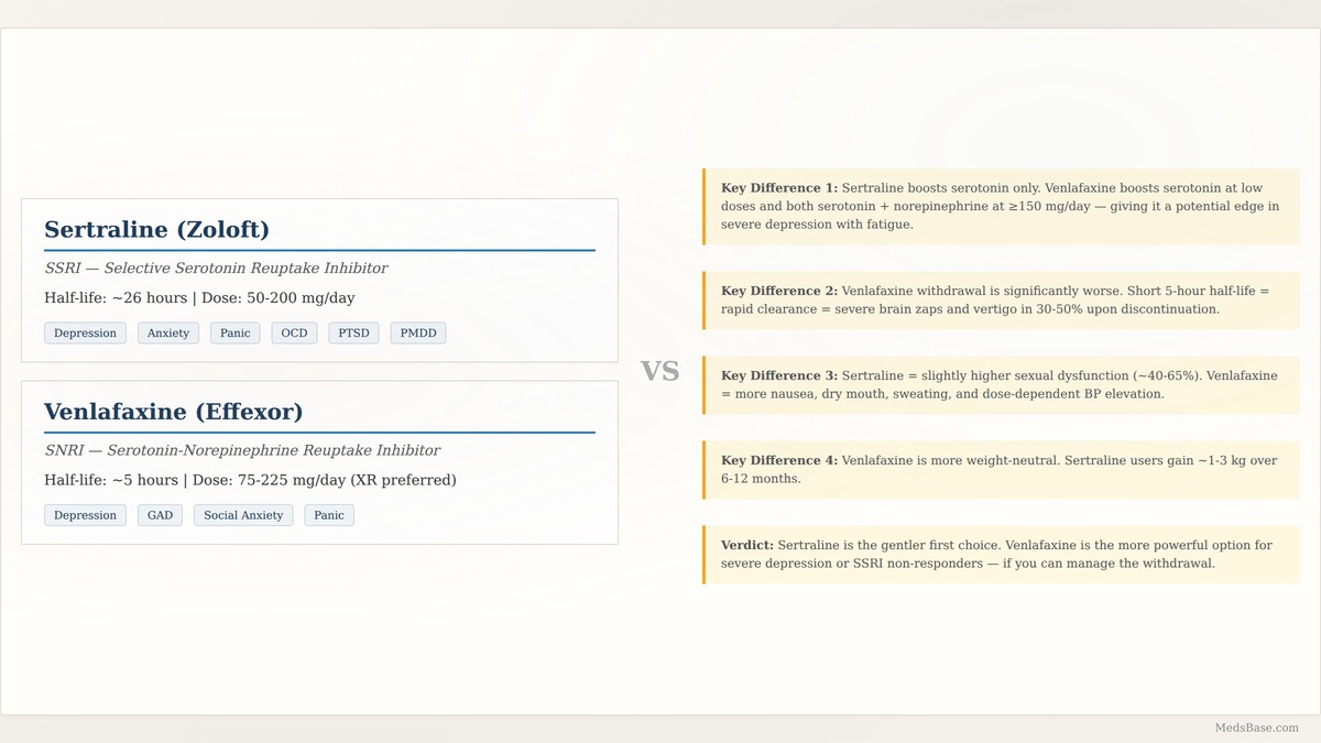 Sertraline vs venlafaxine comparison SSRI versus SNRI key differences chart antidepressant