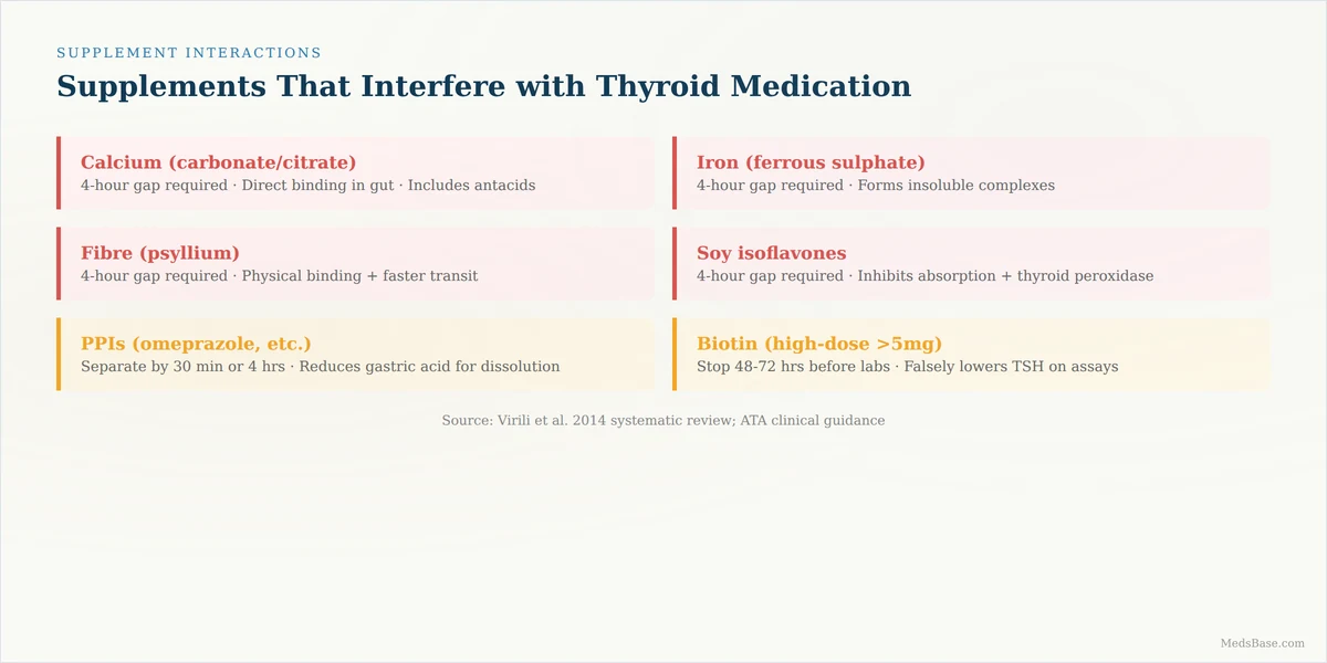 Supplements interfering with thyroid medication — calcium, iron, fibre, soy need 4-hour gap