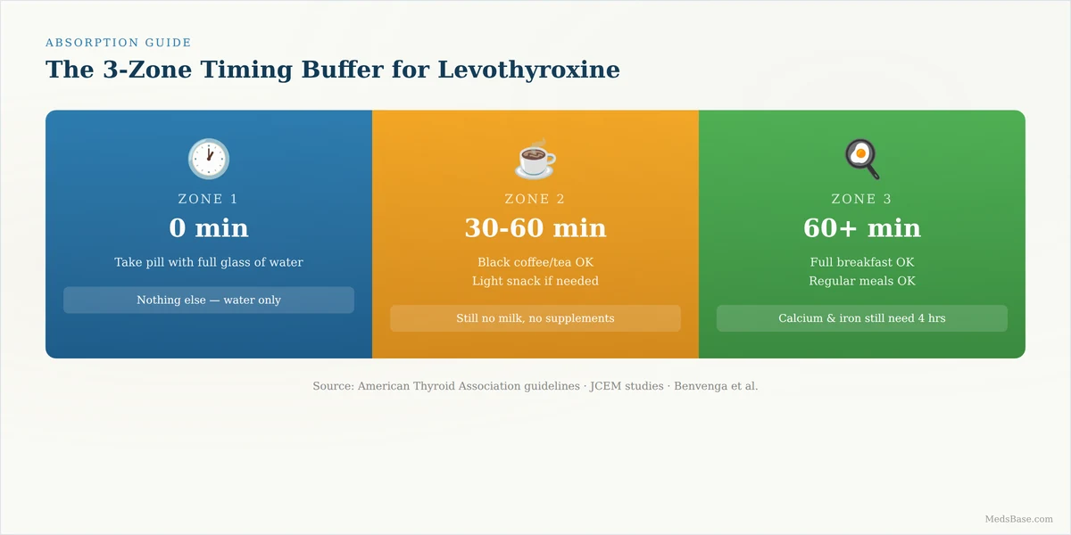 3-zone timing buffer for thyroid medication — 0 min water only, 30-60 min coffee, 60+ min food